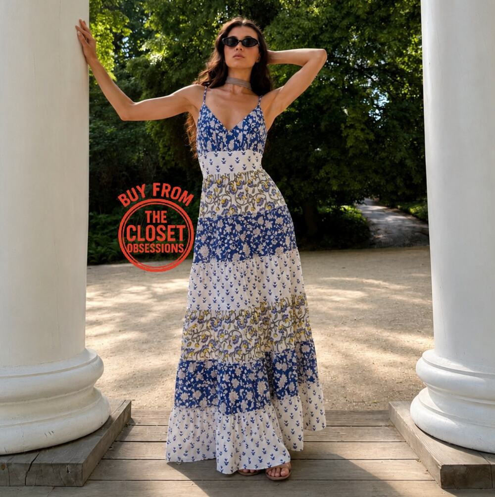 Zara NWT Blue Patchwork Floral Cotton Maxi Dress S